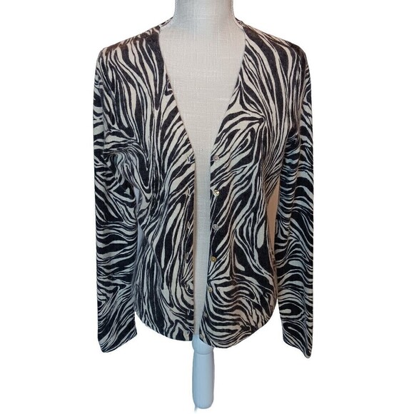 Vtg Jillian Jones Size M Lambs Wool/Angora Rabbit Zebra Print Cardigan Sweater - Picture 2 of 7